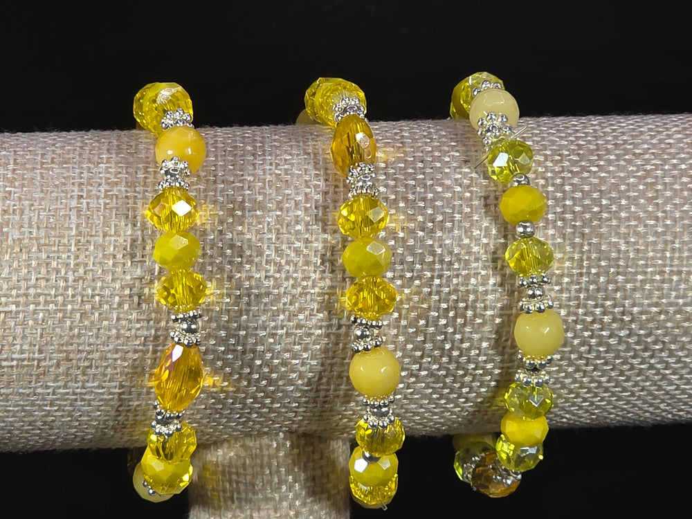 Weekend Stackable Bracelet with Silvered Beads, Agate Stones and Czech Crystal For Women - Yellow for Positivity, Joy and Enlightenment