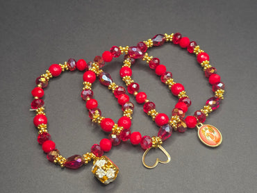 Weekend Stackable Bracelet with Gold Plated Beads, Agate Stones and Czech Crystal For Women - Red for Motivation, Ambition and Passion