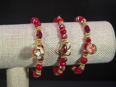 Weekend Stackable Bracelet with Gold Plated Beads, Agate Stones and Czech Crystal For Women - Red for Motivation, Ambition and Passion