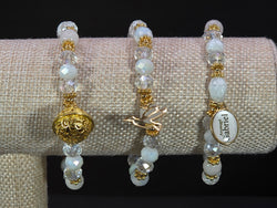 Weekend Stackable Bracelet with Gold Plated Beads, Agate Stones and Czech Crystal For Women - White for Emotions, Reflection and Moon Energy