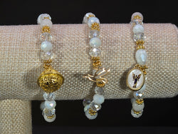 Weekend Stackable Bracelet with Gold Plated Beads, Agate Stones and Czech Crystal For Women - White for Emotions, Reflection and Moon Energy